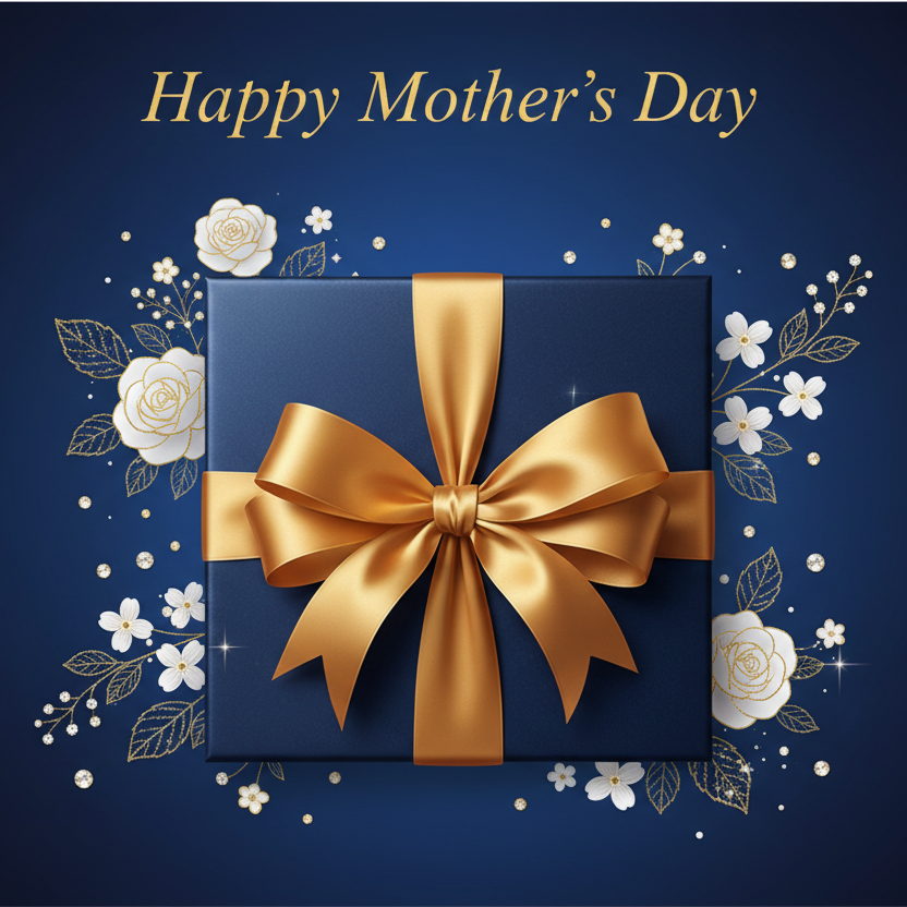 Blue gift box with gold ribbon on a dark blue background with white flowers, for Mother's Day.