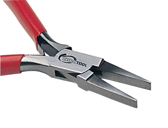 A pair of EURO TOOL flat nose pliers with red handles and silver-colored flat nose jaw.